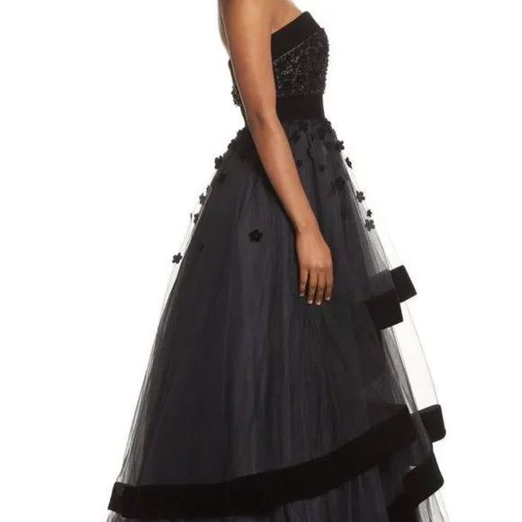 MAC DUGGAL 66346 Black Velvet Trim Floral 3D Beaded Strapless Ball Gown 10 NWOT - Picture 2 of 9